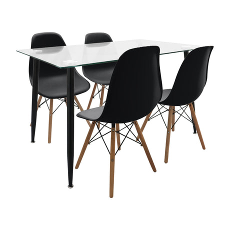 COMEDOR RECTANGULAR TAPA VIDRIO MÁS 4 SILLAS DKR TIPO EAMES NEGRAS