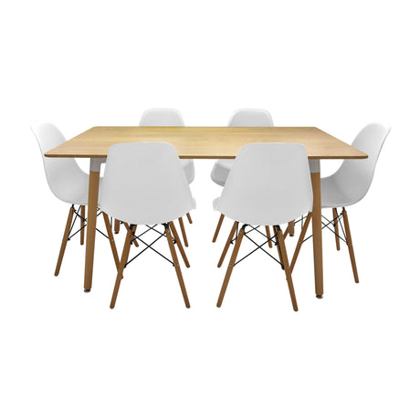 COMEDOR RECTANGULAR BRAVUS MÁS 6 SILLAS DKR TIPO EAMES BLANCAS