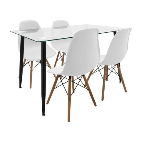 COMEDOR RECTANGULAR TAPA VIDRIO MÁS 4 SILLAS DKR TIPO EAMES BLANCAS